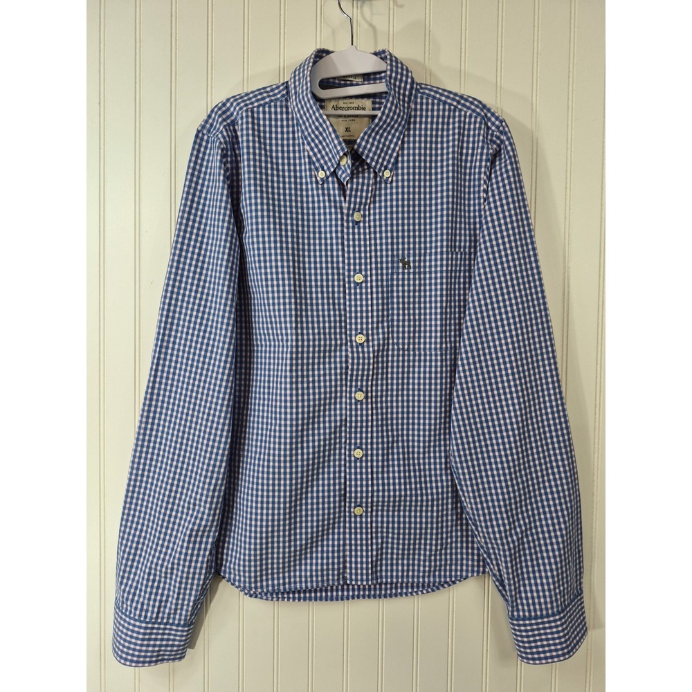 NWOT Abercrombie & Fitch Men XL Muscle Fit Gingham Button Down Shirt Blue White